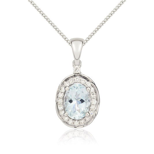 9ct White Gold Oval Natural Aquamarine and Diamond Cluster Pendant — 7x5mm