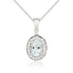 9ct White Gold Oval Natural Aquamarine & Diamond Rope Edge Cluster Pendant — 7x5mm