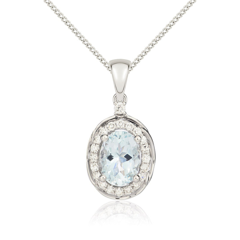 9ct White Gold Oval Natural Aquamarine & Diamond Rope Edge Cluster Pendant — 7x5mm