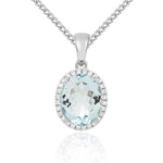 9ct White Gold Oval Natural Aquamarine & Diamond Claw Cluster Pendant — 10x8mm