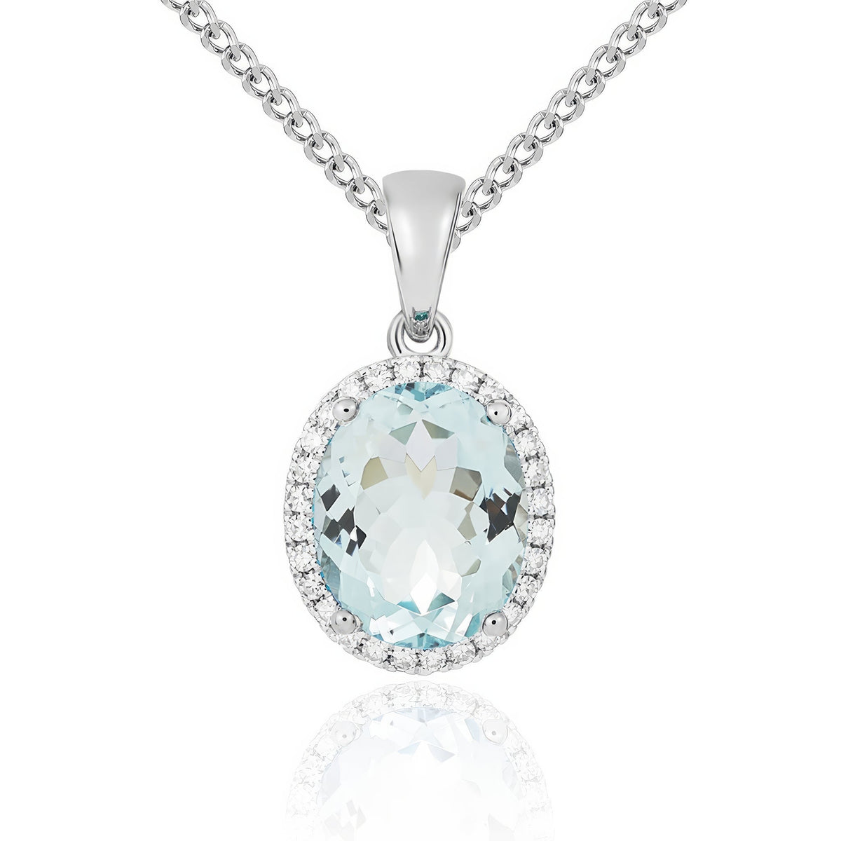 9ct White Gold Oval Natural Aquamarine & Diamond Claw Cluster Pendant — 10x8mm