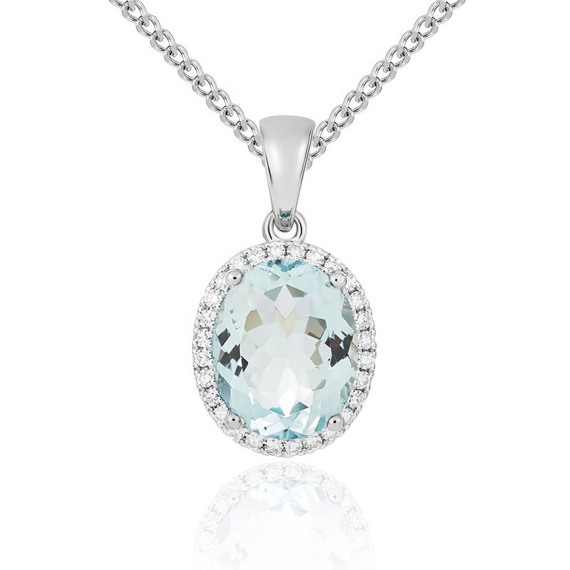 9ct White Gold Oval Natural Aquamarine & Diamond Claw Cluster Pendant — 10x8mm