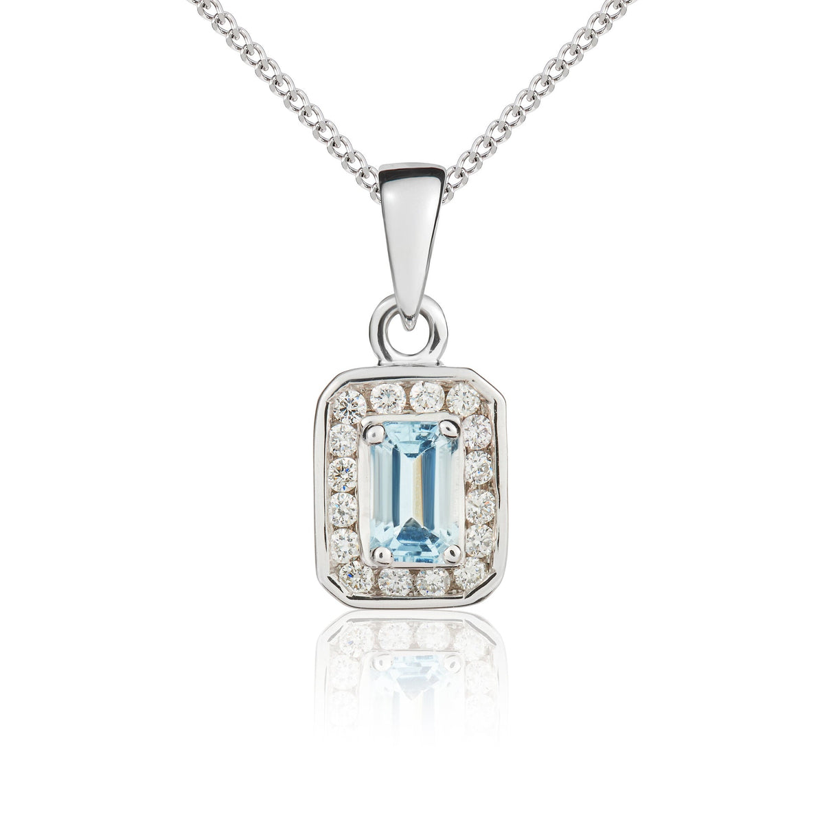 9ct White Gold Octagonal Natural Aquamarine & Diamond Cluster Pendant — 5x3mm