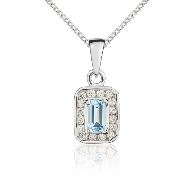 9ct White Gold Octagonal Natural Aquamarine & Diamond Cluster Pendant — 5x3mm