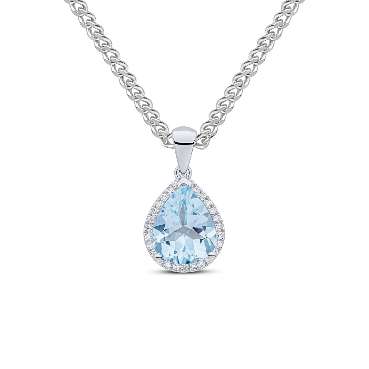 9ct White Gold Pear Shaped Natural Aquamarine & Diamond Claw Cluster Pendant — 10x8mm
