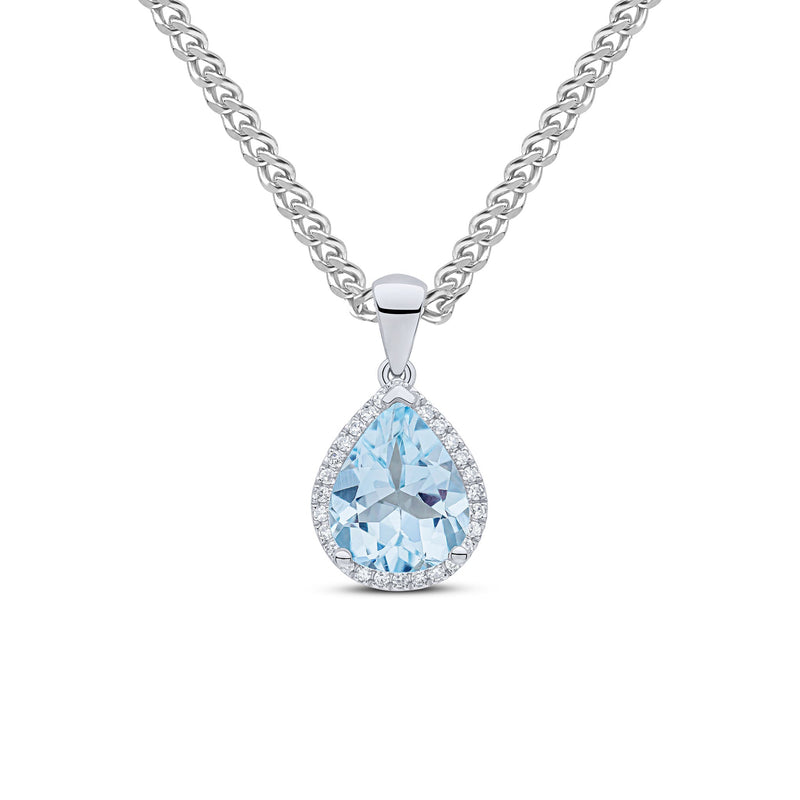 9ct White Gold Pear Shaped Natural Aquamarine & Diamond Claw Cluster Pendant — 10x8mm