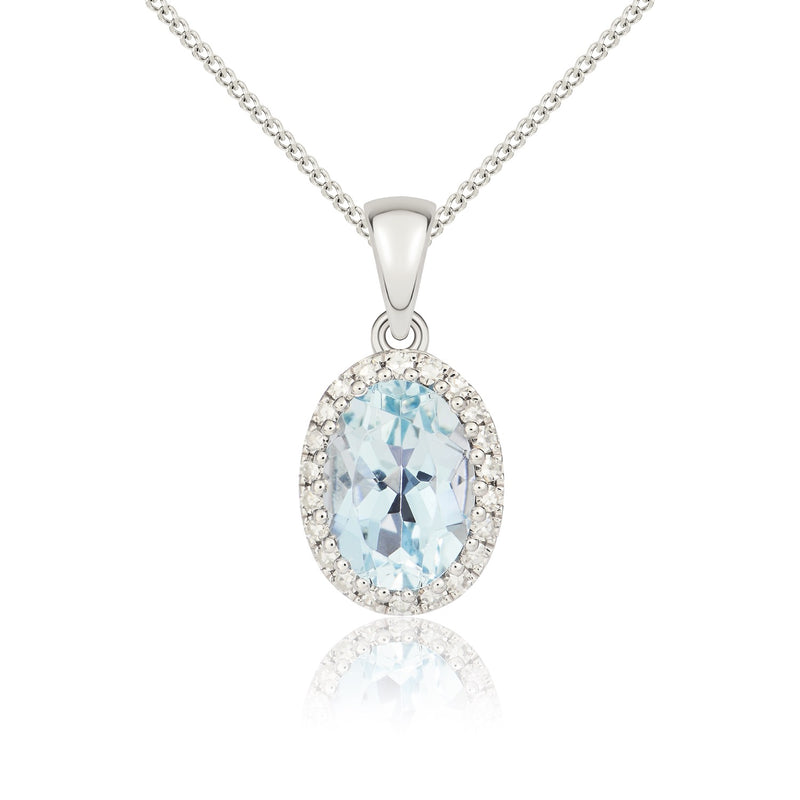 9ct White Gold Oval Natural Aquamarine & Diamond Claw Set Cluster Pendant — 7x5mm