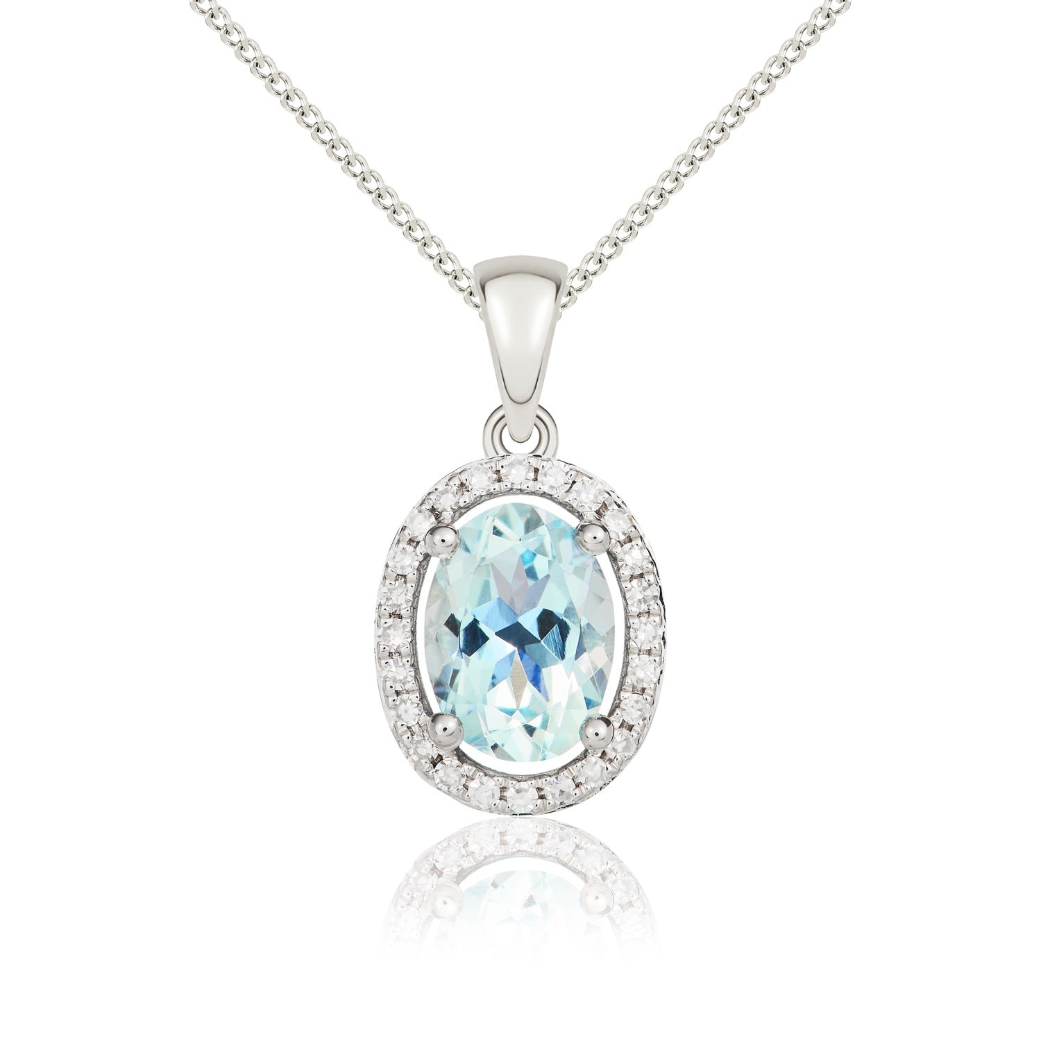 9ct White Gold Oval Natural Aquamarine and Diamond Halo Cluster Pendant — 7x5mm