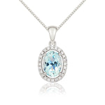 9ct White Gold Oval Natural Aquamarine & Diamond Halo Cluster Pendant — 7x5mm
