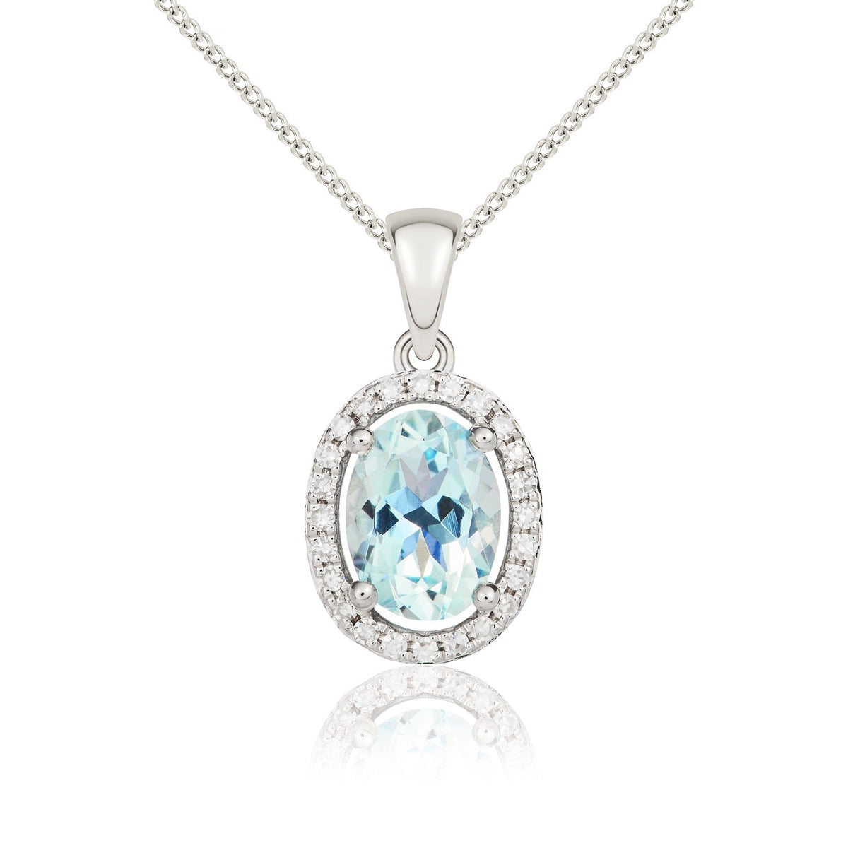 9ct White Gold Oval Natural Aquamarine & Diamond Halo Cluster Pendant — 7x5mm