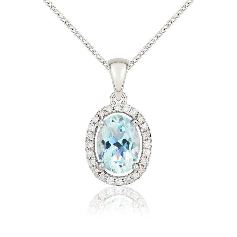9ct White Gold Oval Natural Aquamarine & Diamond Halo Cluster Pendant — 7x5mm