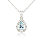 9ct White Gold Pear Natural Aquamarine & Diamond Halo Cluster Pendant — 6x4mm