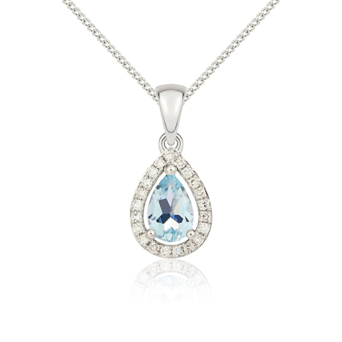 9ct White Gold Pear Natural Aquamarine & Diamond Halo Cluster Pendant — 6x4mm