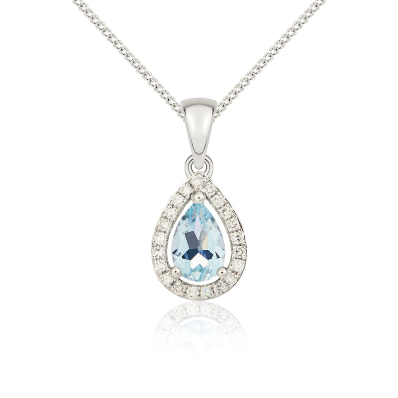 9ct White Gold Pear Natural Aquamarine & Diamond Halo Cluster Pendant — 6x4mm