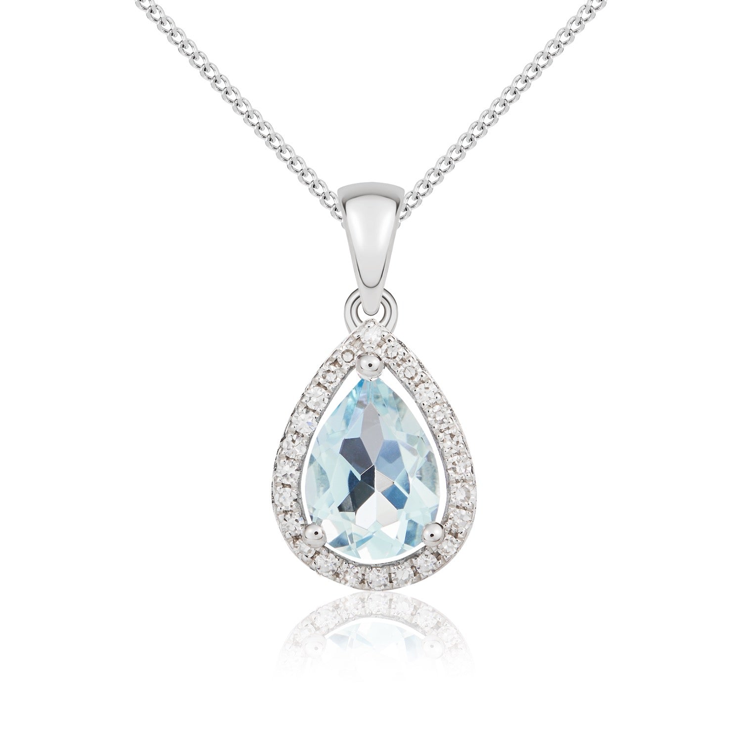 9ct White Gold Pear Shaped Natural Aquamarine and Diamond Halo Cluster Pendant — 7x5mm