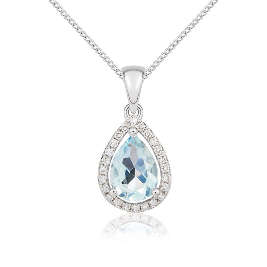 9ct White Gold Pear Shaped Natural Aquamarine and Diamond Halo Cluster Pendant — 7x5mm