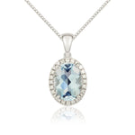 9ct White Gold Oval Natural Aquamarine & Diamond Claw Cluster Pendant — 8x6mm