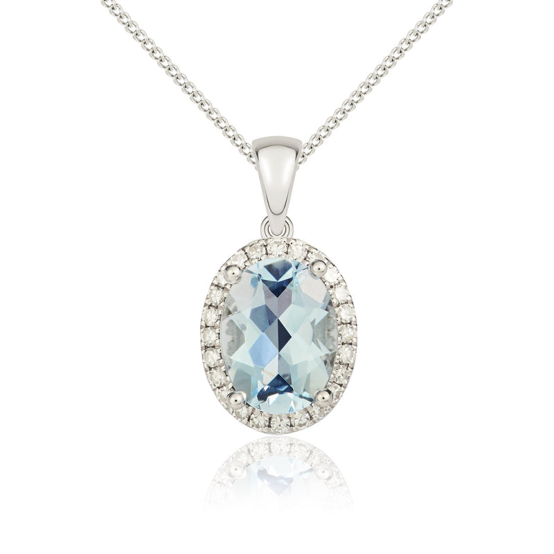 9ct White Gold Oval Natural Aquamarine & Diamond Claw Cluster Pendant — 8x6mm