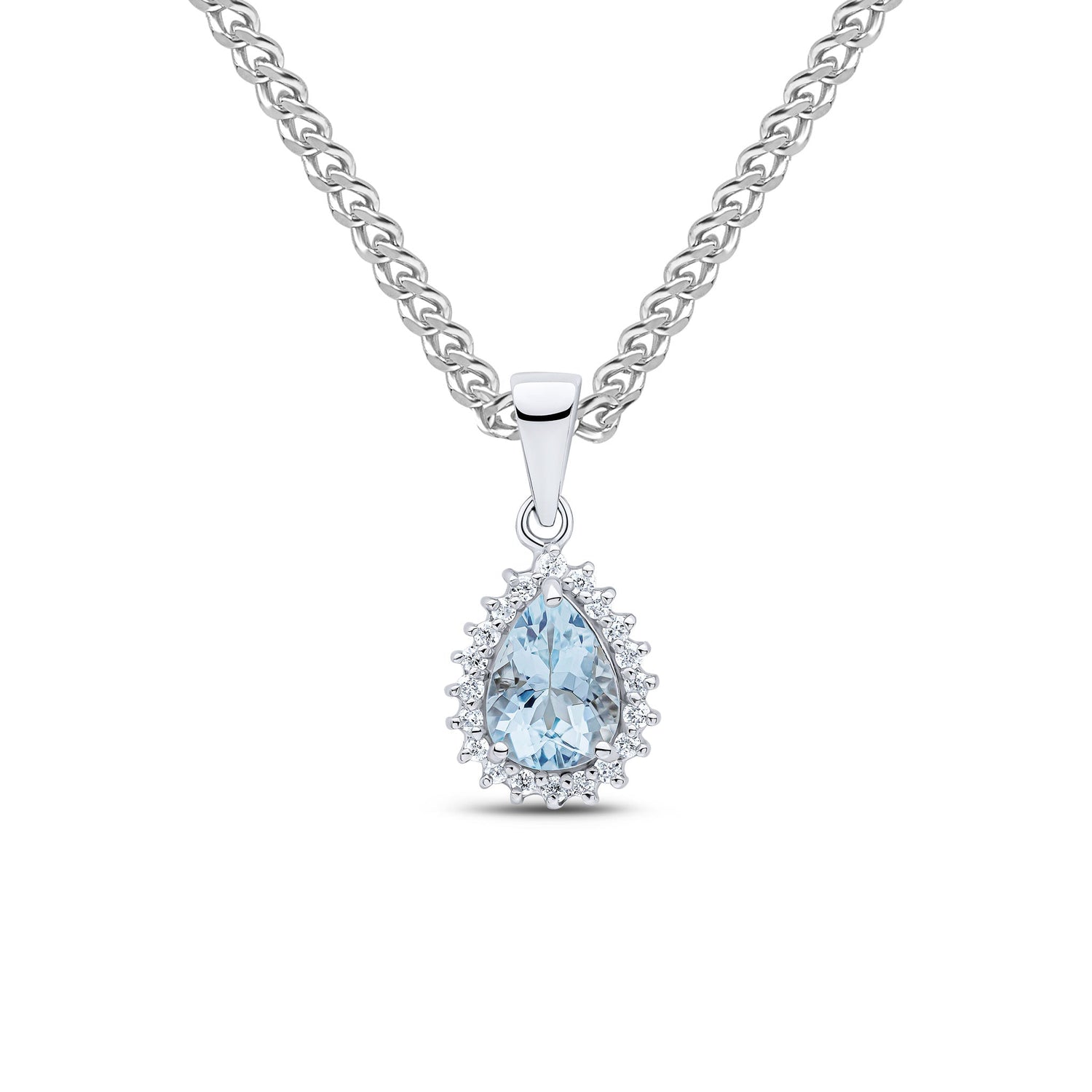 9ct White Gold Pear Shaped Natural Aquamarine and Diamond Cluster Pendant — 7x5mm
