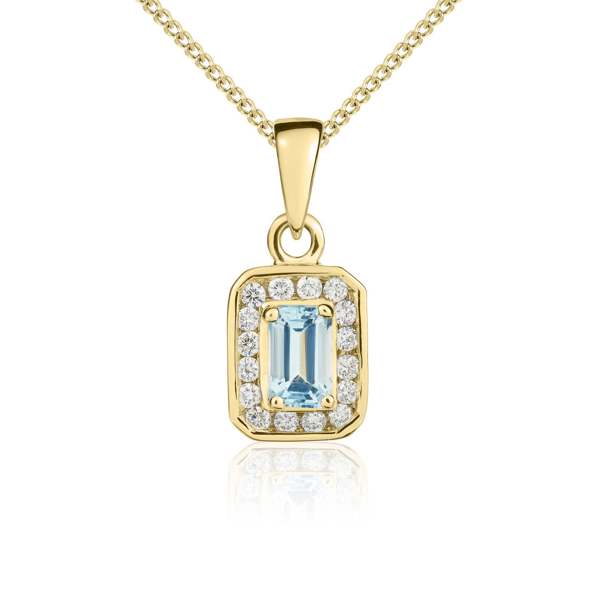 9ct Yellow Gold Octagonal Natural Aquamarine & Diamond Cluster Pendant — 5x3mm