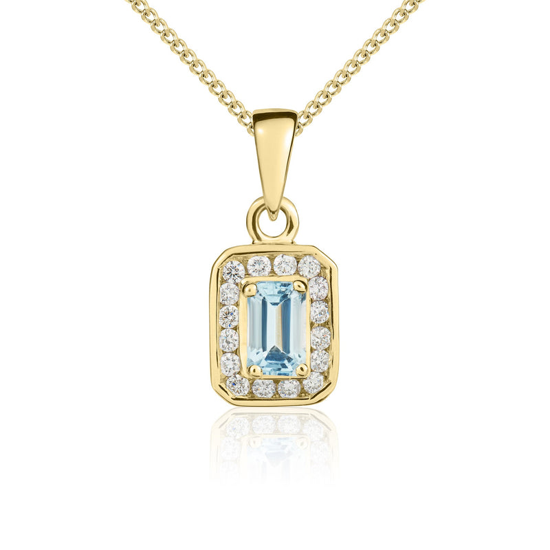 9ct Yellow Gold Octagonal Natural Aquamarine & Diamond Cluster Pendant — 5x3mm