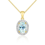 9ct Yellow Gold Oval Natural Aquamarine & Diamond Halo Cluster Pendant — 7x5mm