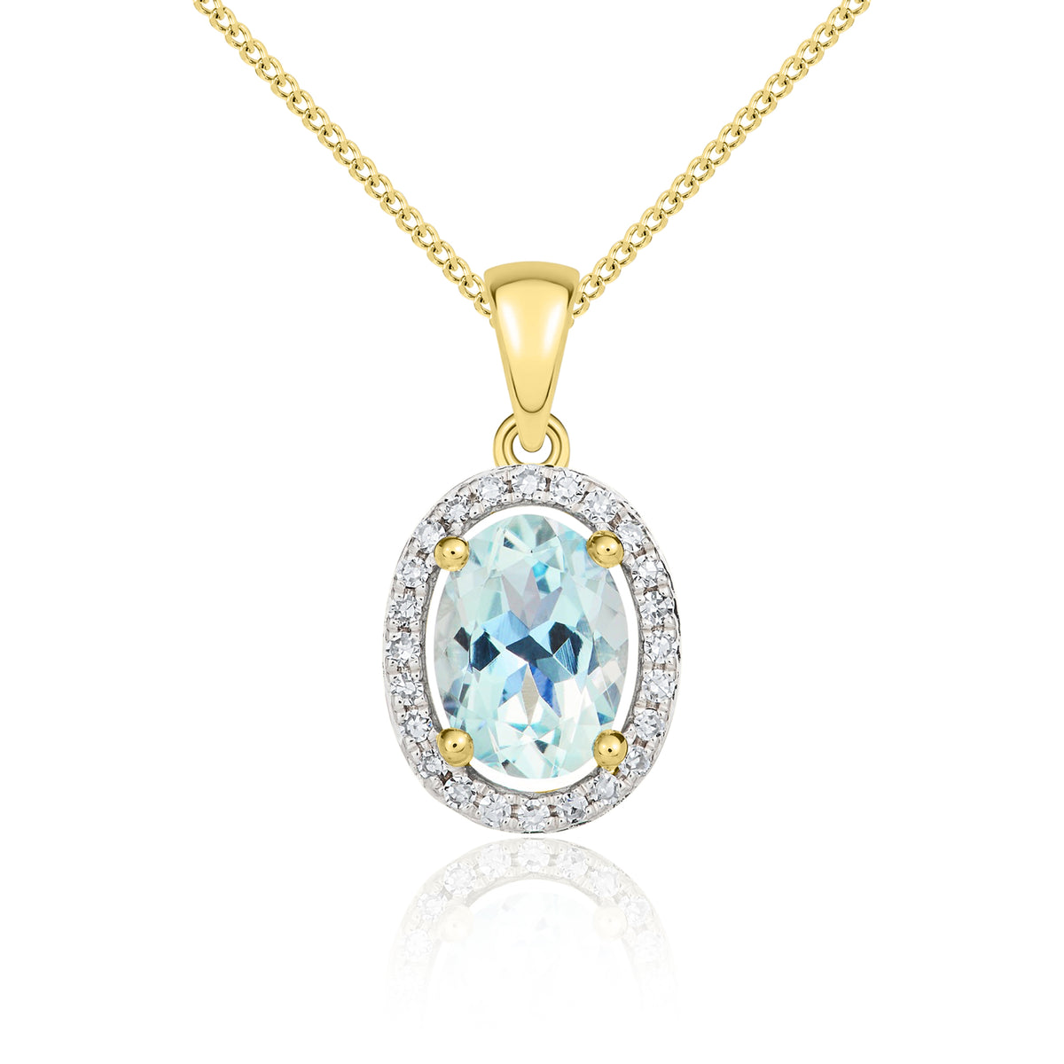 9ct Yellow Gold Oval Natural Aquamarine & Diamond Halo Cluster Pendant — 7x5mm