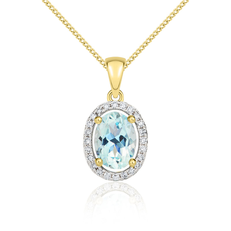 9ct Yellow Gold Oval Natural Aquamarine & Diamond Halo Cluster Pendant — 7x5mm