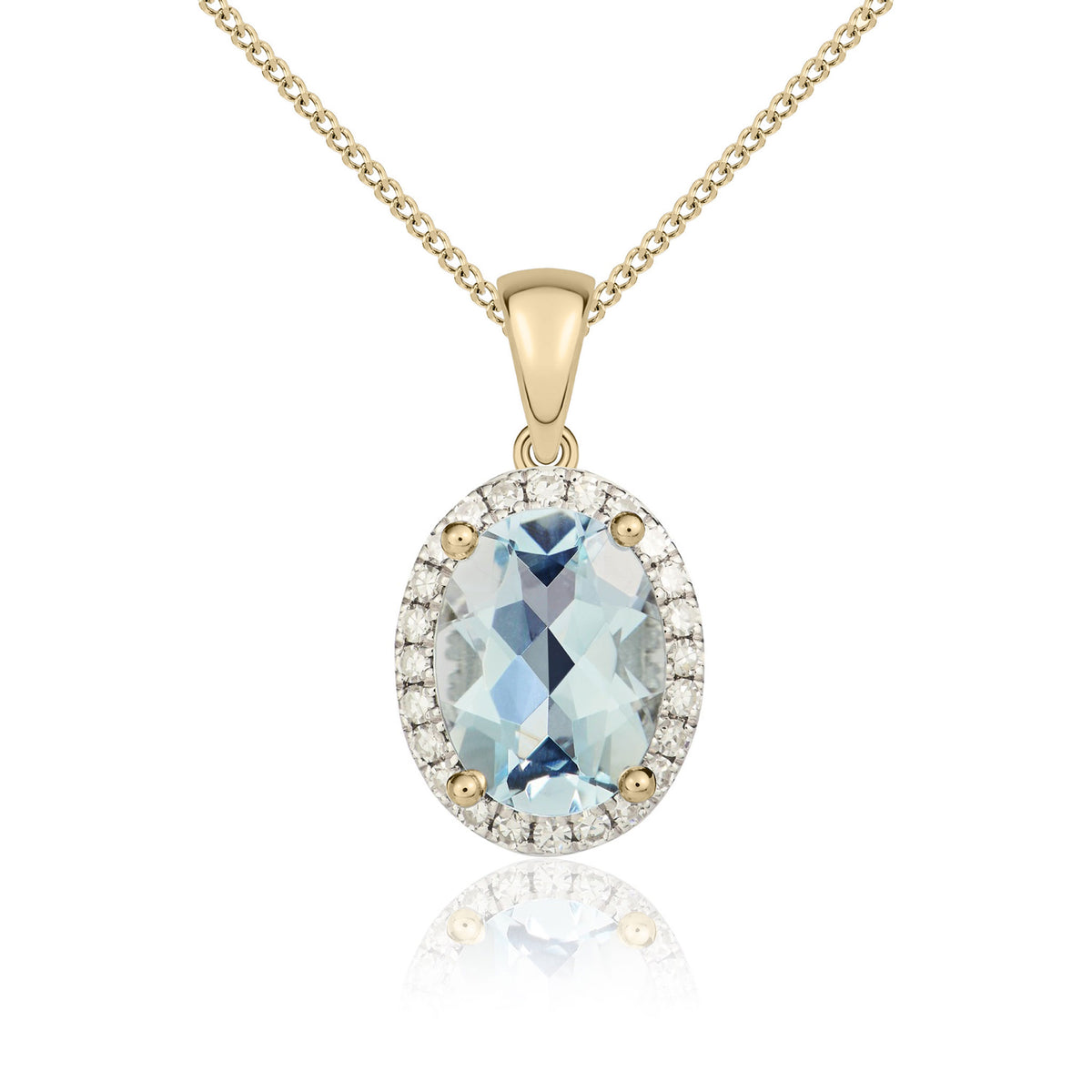 9ct Yellow Gold Oval Natural Aquamarine & Diamond Claw Cluster Pendant — 8x6mm
