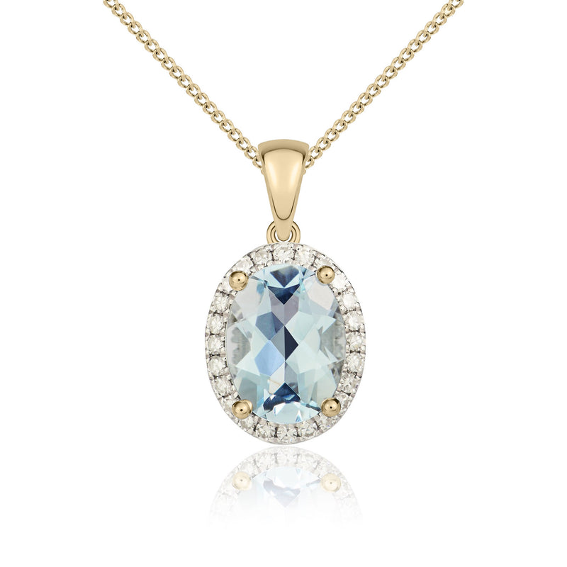 9ct Yellow Gold Oval Natural Aquamarine & Diamond Claw Cluster Pendant — 8x6mm