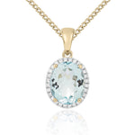 9ct Yellow Gold Oval Natural Aquamarine & Diamond Claw Cluster Pendant — 10x8mm