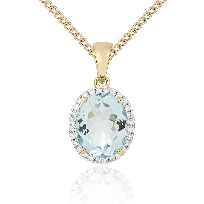 9ct Yellow Gold Oval Natural Aquamarine & Diamond Claw Cluster Pendant — 10x8mm