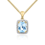 9ct Yellow Gold Cushion Natural Aquamarine & Diamond Cluster Pendant — 8x6mm