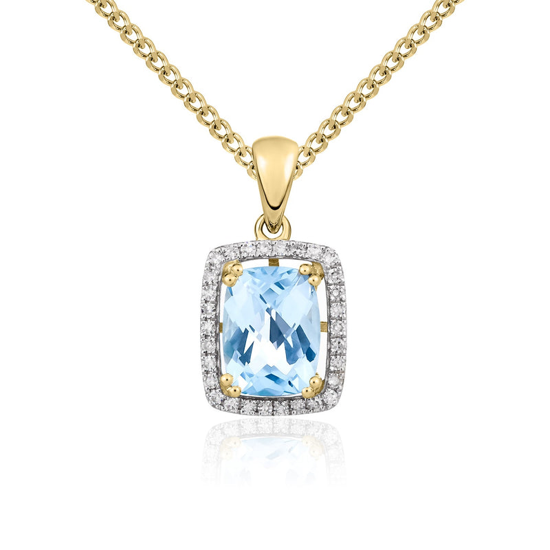 9ct Yellow Gold Cushion Natural Aquamarine & Diamond Cluster Pendant — 8x6mm