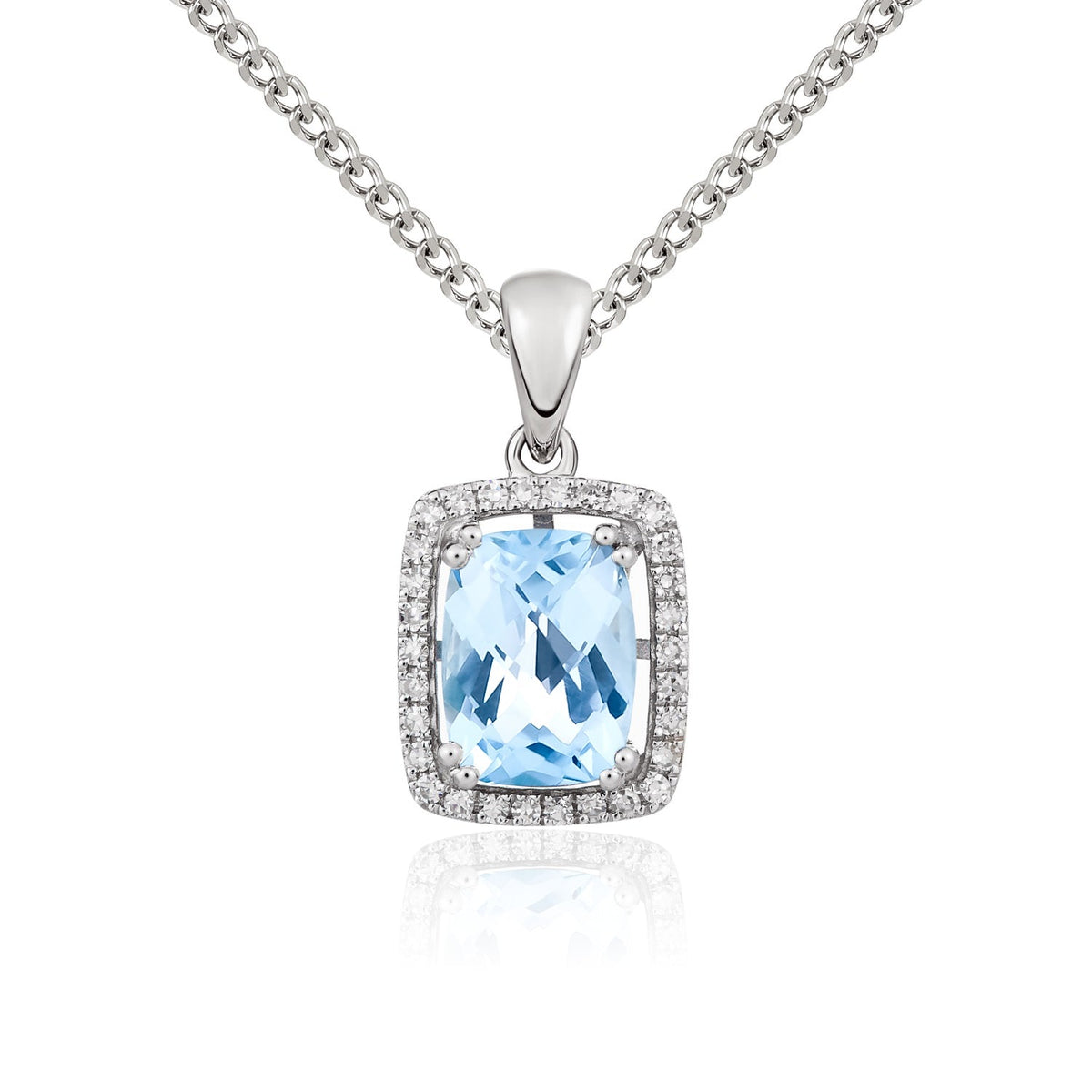 9ct White Gold Cushion Natural Aquamarine & Diamond Cluster Pendant — 8x6mm