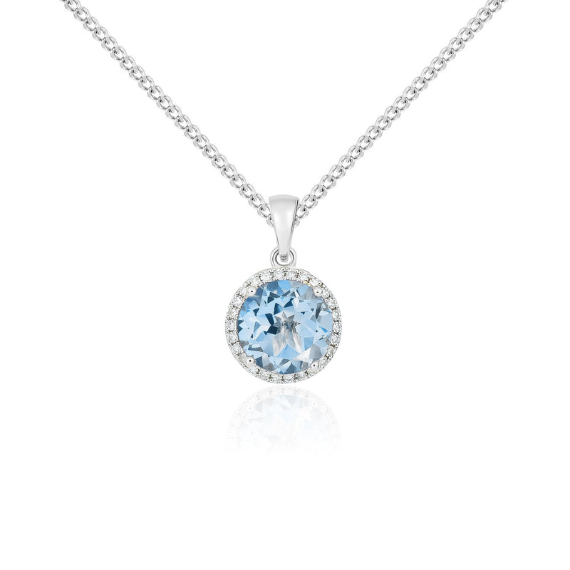 9ct White Gold Round Natural Aquamarine & Diamond Claw Cluster Pendant — 8mm
