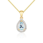 9ct Yellow Gold Pear Natural Aquamarine & Diamond Halo Cluster Pendant — 6x4mm