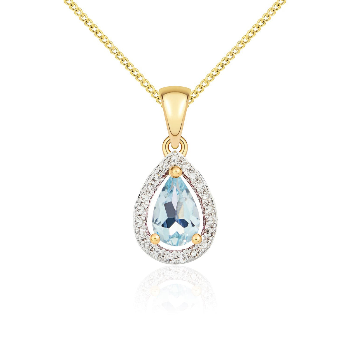 9ct Yellow Gold Pear Natural Aquamarine & Diamond Halo Cluster Pendant — 6x4mm