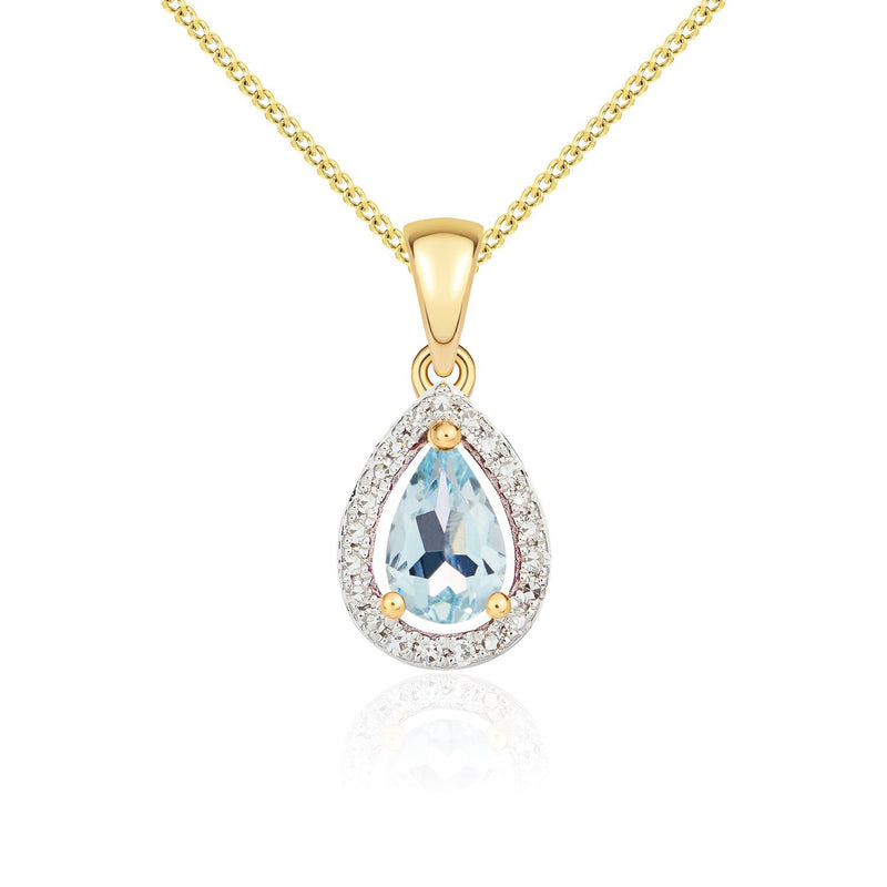 9ct Yellow Gold Pear Natural Aquamarine & Diamond Halo Cluster Pendant — 6x4mm