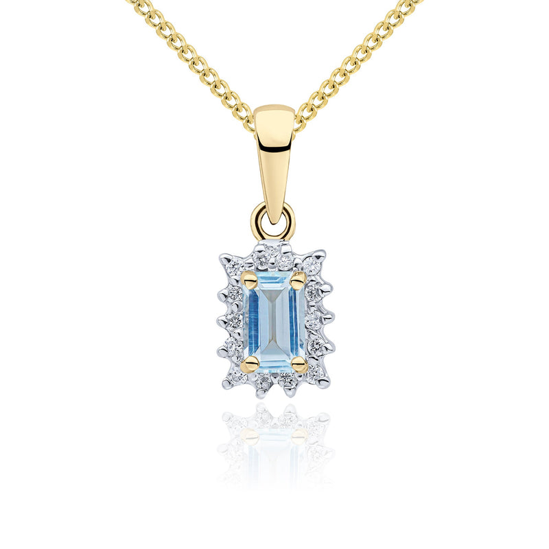 9ct Yellow Gold Octagonal Natural Aquamarine & Diamond Claw Set Cluster Pendant — 5x3mm