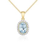9ct Yellow Gold Oval Natural Aquamarine & Diamond Claw Set Cluster Pendant — 7x5mm