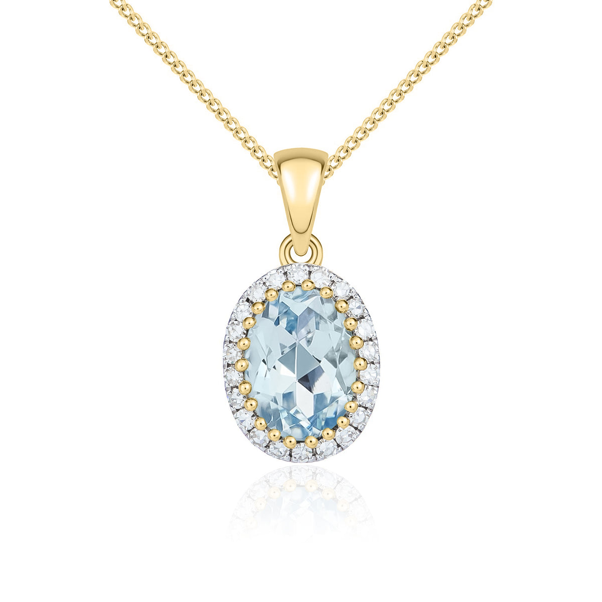 9ct Yellow Gold Oval Natural Aquamarine & Diamond Claw Set Cluster Pendant — 7x5mm