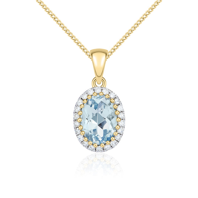 9ct Yellow Gold Oval Natural Aquamarine & Diamond Claw Set Cluster Pendant — 7x5mm