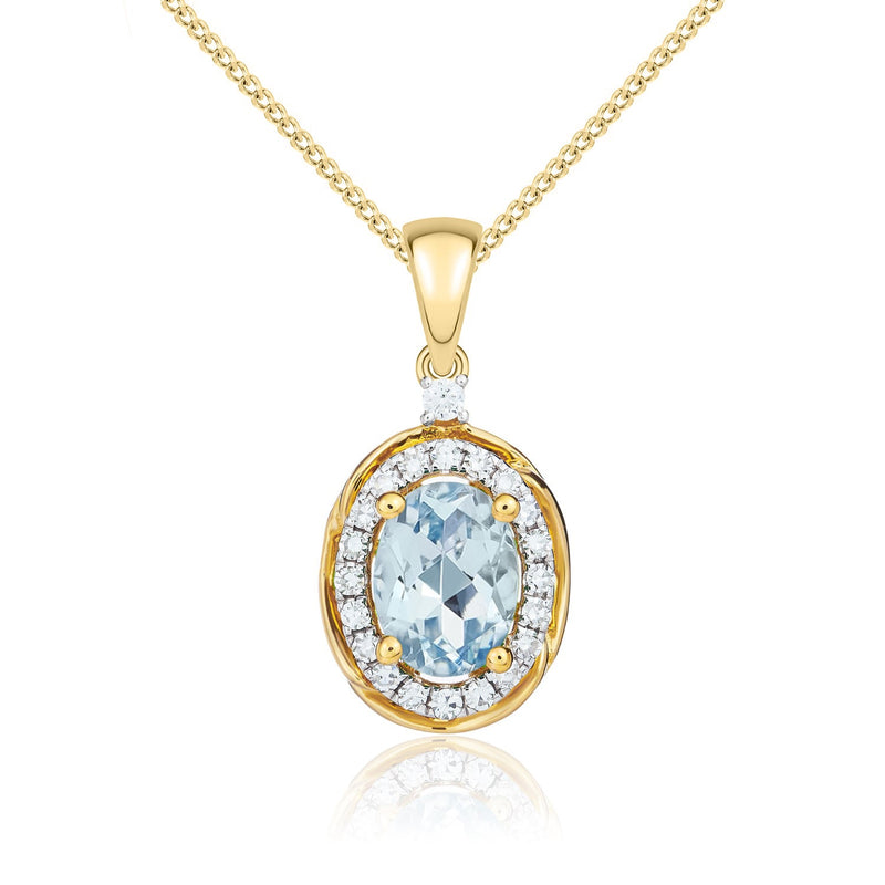 9ct Yellow Gold Oval Natural Aquamarine & Diamond Rope Edge Cluster Pendant — 7x5mm