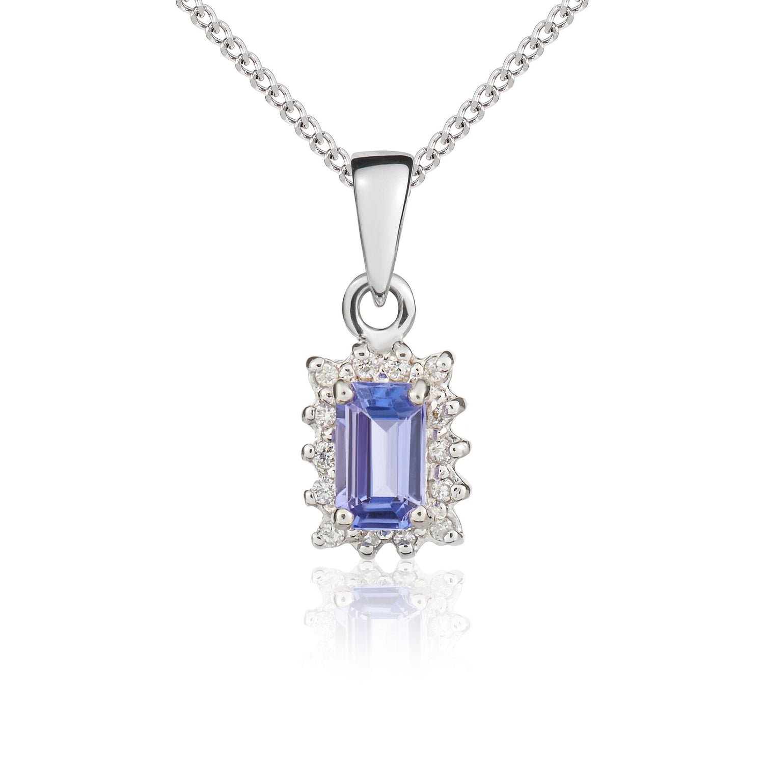 9ct White Gold Octagonal Emerald Cut Natural Tanzanite and Diamond Cluster Pendant — 5x3mm