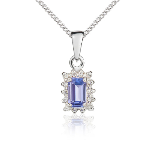 9ct White Gold Octagonal Emerald Cut Natural Tanzanite and Diamond Cluster Pendant — 5x3mm