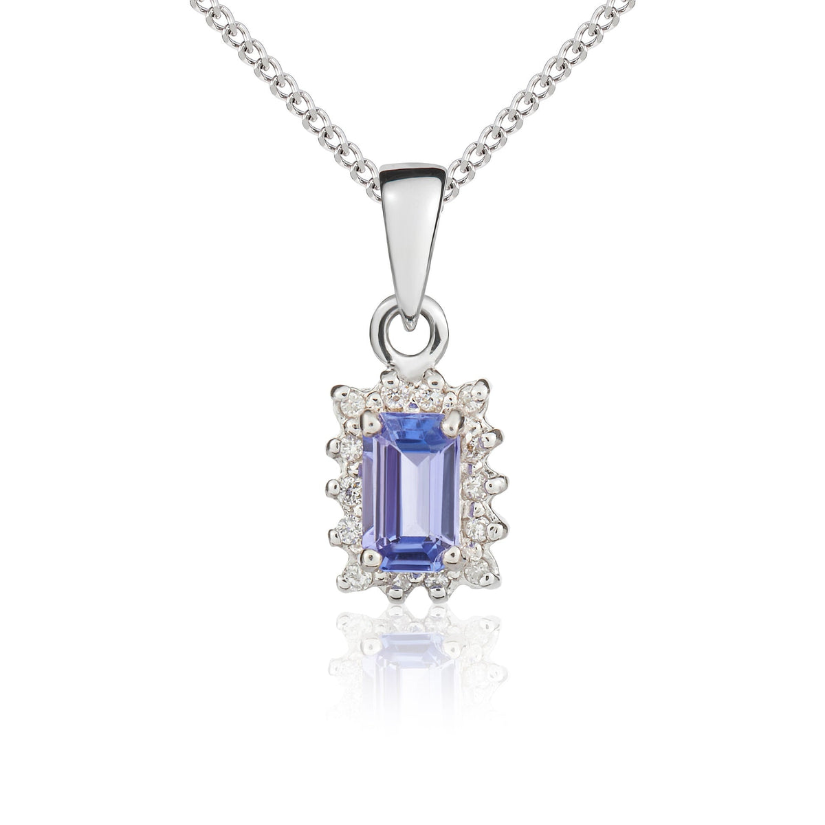 9ct White Gold Octagonal Natural Tanzanite & Diamond Claw Set Cluster Pendant — 5x3mm
