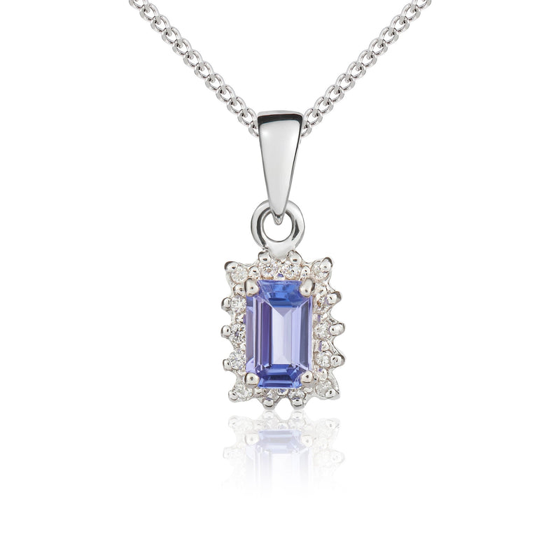 9ct White Gold Octagonal Natural Tanzanite & Diamond Claw Set Cluster Pendant — 5x3mm