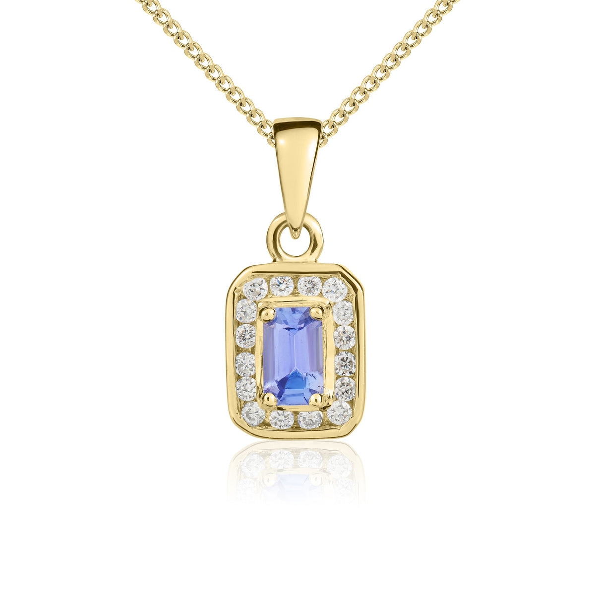 9ct Yellow Gold Octagonal Natural Tanzanite & Diamond Cluster Pendant — 5x3mm