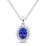 9ct White Gold Oval Natural Tanzanite & Diamond Classic Cluster Pendant — 8x6mm